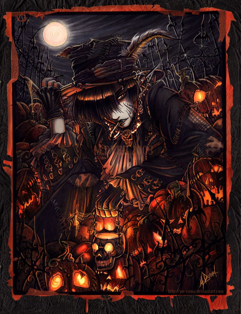 An anime-style figure in dark, elaborate clothing and a feathered hat sits among glowing pumpkins and skulls under a full moon, evoking a spooky Halloween atmosphere.