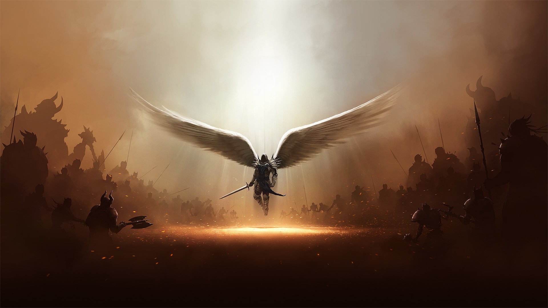 Artwork from the video game Diablo III showing a winged warrior descending with a glowing sword amidst shadowy figures.
