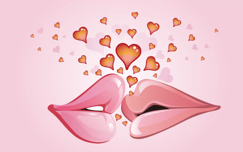 A vibrant artistic depiction of two lips poised to kiss, surrounded by floating hearts in shades of pink and orange, celebrating love and affection.
