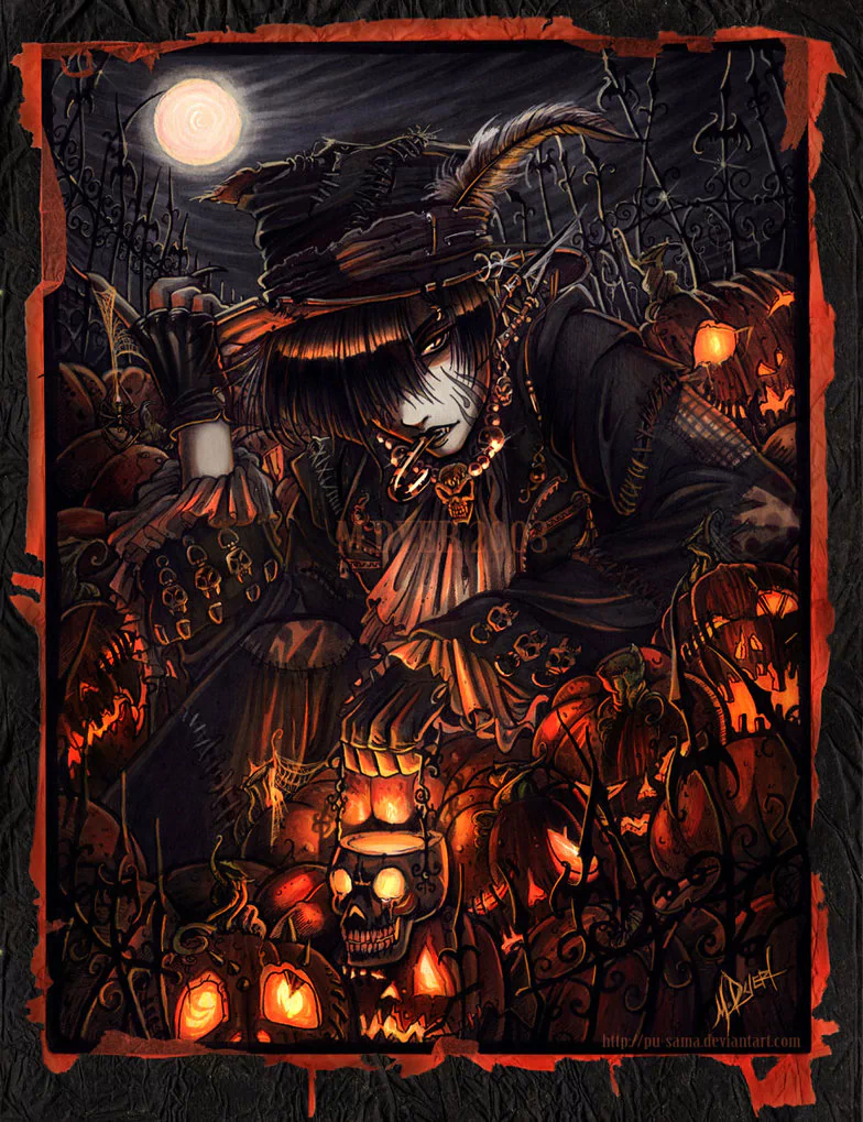 An anime-style figure in dark, elaborate clothing and a feathered hat sits among glowing pumpkins and skulls under a full moon, evoking a spooky Halloween atmosphere.