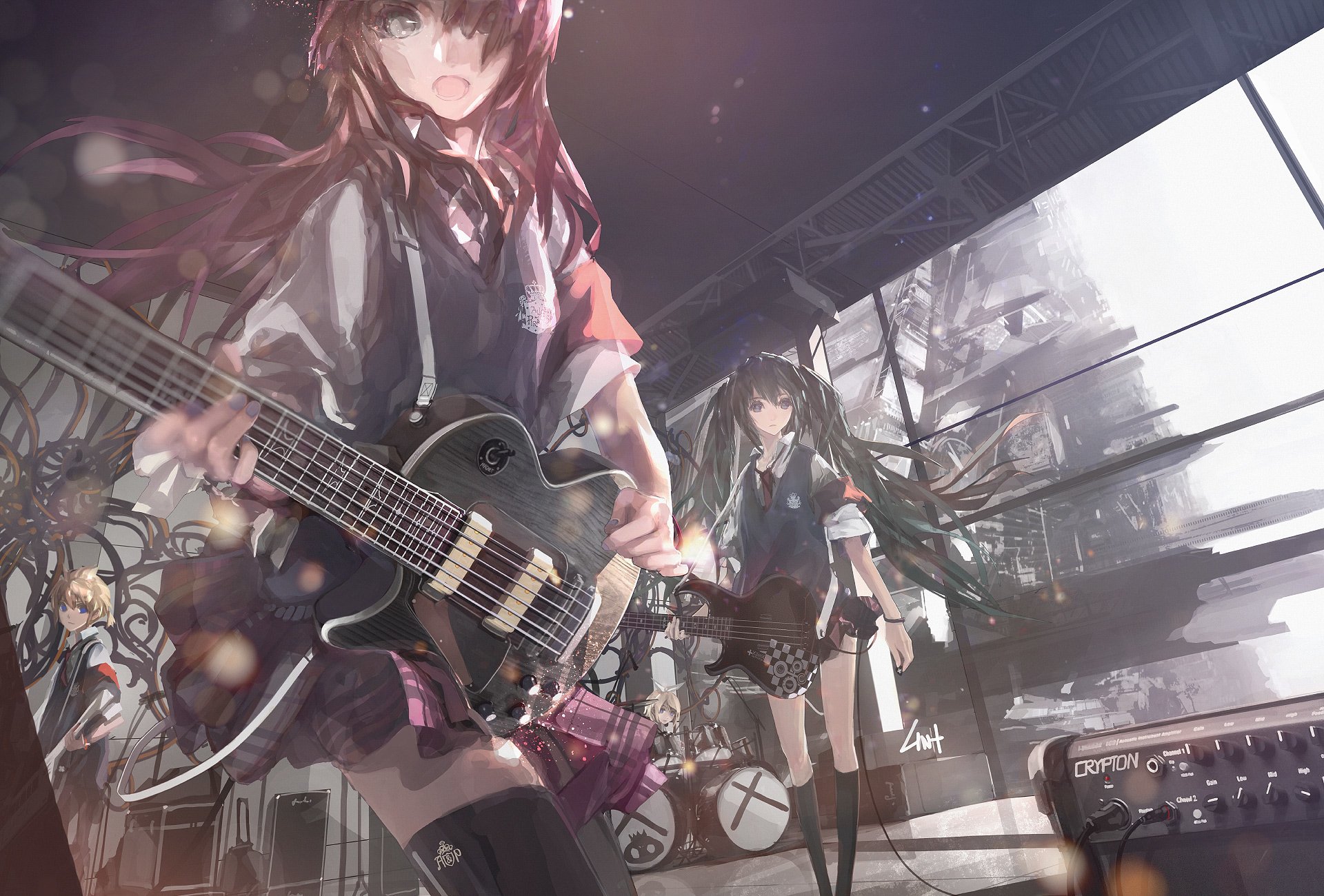Anime-style illustration featuring Luka Megurine playing guitar on stage with Rin Kagamine, Len Kagamine, and Hatsune Miku in the background, embodying Vocaloid characters.