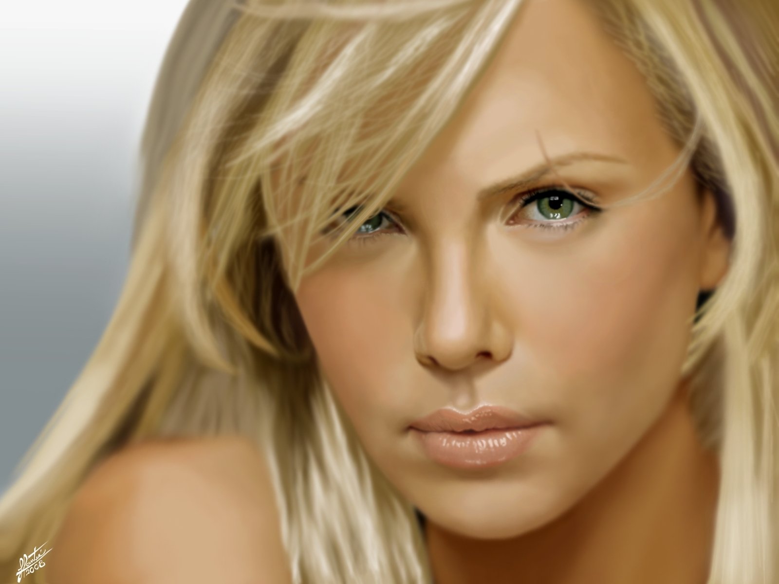 A close-up portrait of celebrity Charlize Theron, featuring her striking features and flowing blonde hair against a softly blurred background.