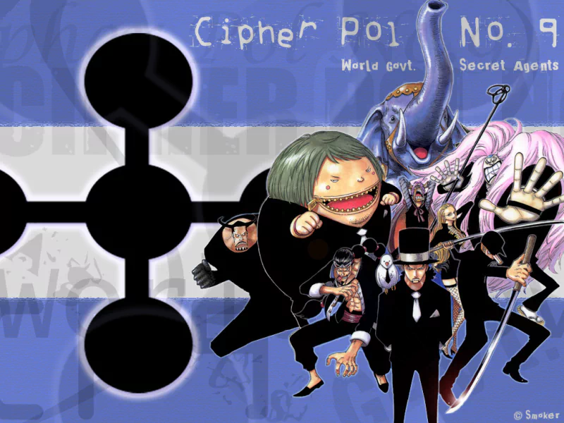 A dynamic illustration from the anime One Piece featuring the characters of Cipher Pol No. 9, showcasing their distinct designs and vibrant personalities against a bold background.
