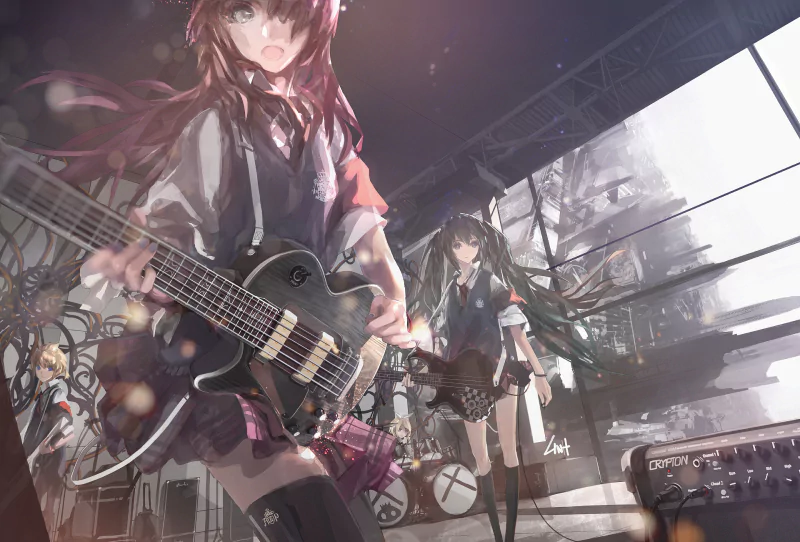 Anime-style illustration featuring Luka Megurine playing guitar on stage with Rin Kagamine, Len Kagamine, and Hatsune Miku in the background, embodying Vocaloid characters.