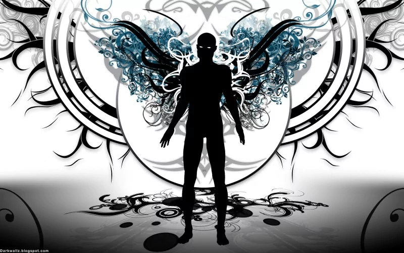 A dark silhouette stands before an intricate gothic tattoo design, blending shadowy wings and swirling patterns in a striking contrast of black and blue.