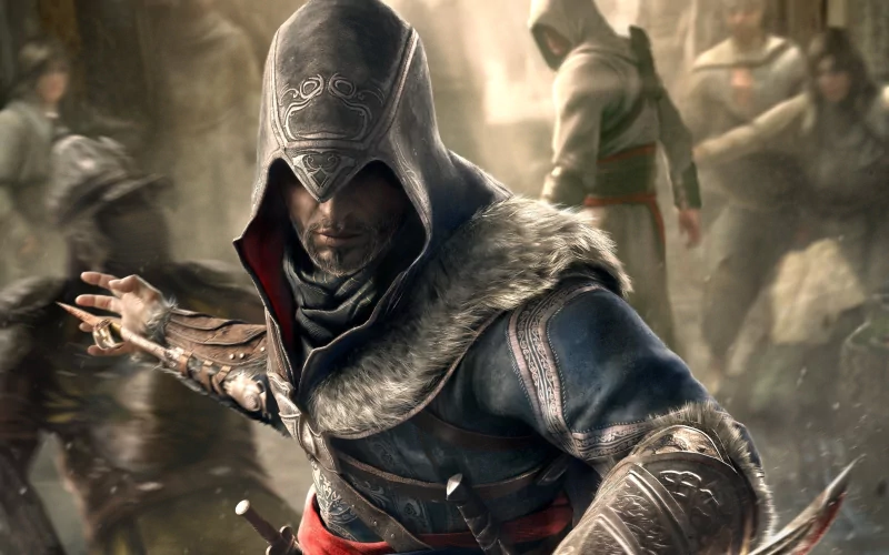Ezio in a hooded assassin outfit lunging with a hidden blade among blurred figures and sunlit stone streets — Assassin's Creed: Revelations.