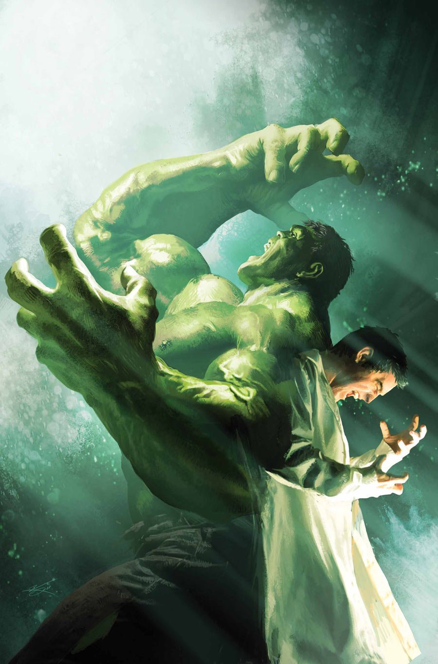 Bruce Banner struggles as he transforms into the Hulk, showcasing a dramatic shift between his human and green, powerful form in this striking comic art.