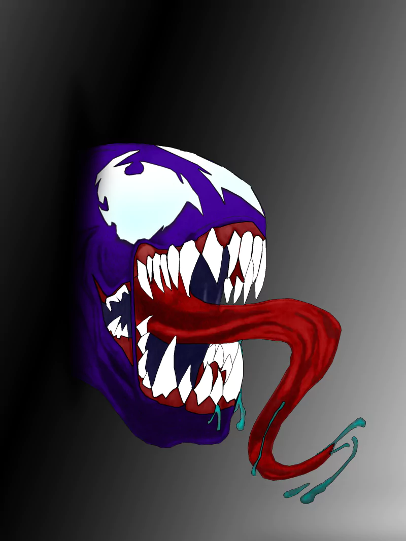 Comic cartoon of Venom: a purple-black head with gaping jaw, razor teeth and a long dripping red tongue against a gray gradient background.