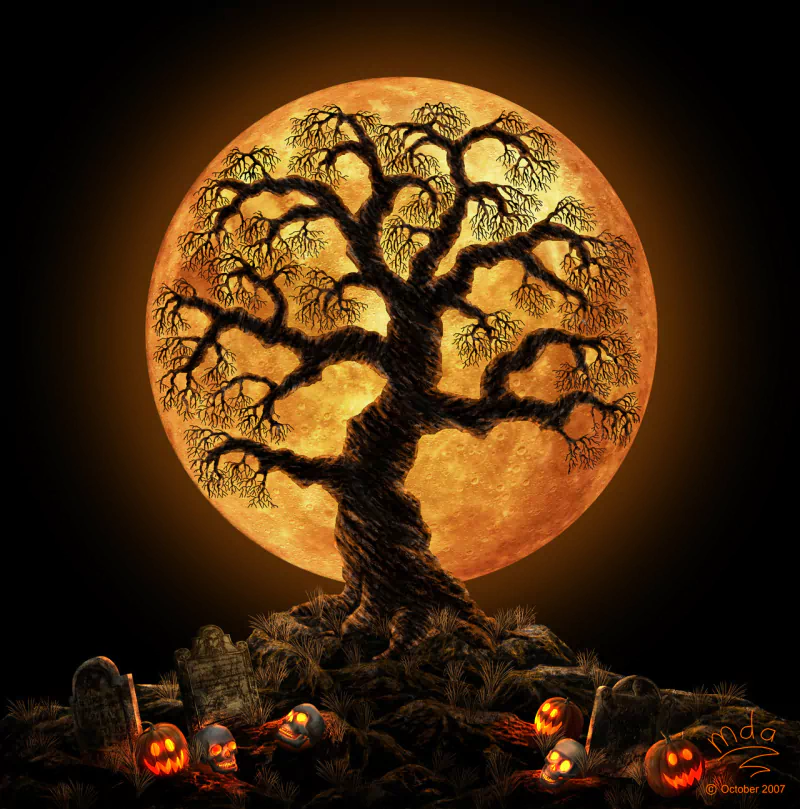 A spooky Halloween scene featuring a gnarled tree silhouetted against a glowing orange moon, surrounded by carved pumpkins and gravestones, capturing the festive spirit of the holiday.