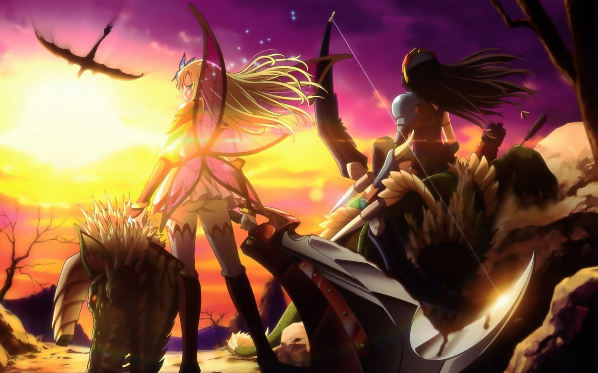 Anime scene from Boku Wa Tomodachi Ga Sukunai featuring two characters with swords at sunset, surrounded by birds and a glowing butterfly in a vibrant sky.