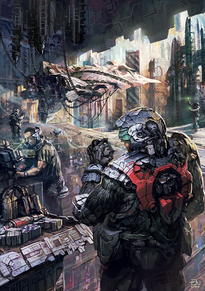 A sci-fi warrior in advanced armor stands inside a futuristic command center, surrounded by high-tech equipment and hovering spacecraft in a sprawling cityscape.
