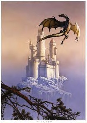 Dark fantasy scene of a flying dragon circling a mist-shrouded castle perched on a crag, silhouetted against a dusky sky.