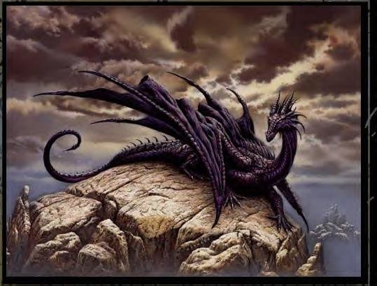 A dark fantasy scene featuring a menacing dragon perched on rocky terrain under a stormy, cloud-filled sky, exuding an ominous and powerful presence.