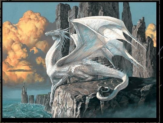 A majestic white hobsyllwin dragon rests on a rocky cliff overlooking a turbulent sea under a cloudy fantasy sky.
