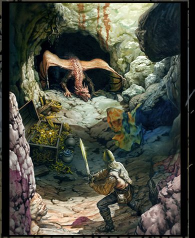 A warrior with a sword faces a fearsome fantasy dragon guarding a cave filled with gold and treasure, evoking the legend of Fafner.