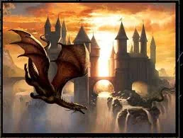 A majestic dragon soars over a fantasy castle at sunset, with golden light illuminating the spires and rugged cliffs below.
