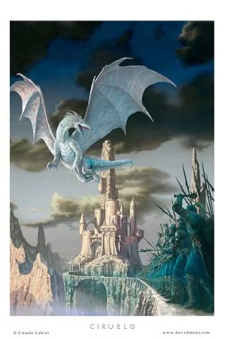 A majestic white dragon flies over a fantasy castle while armored warriors stand ready for war beneath a stormy sky.