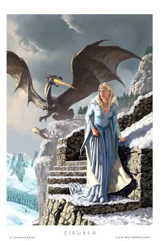 Fantasy scene: a pale-haired woman in a flowing blue gown stands on snowy stone steps as a large dragon swoops behind her against icy mountain cliffs.