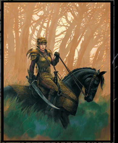 A draconis woman warrior clad in scale armor rides a black horse through a misty forest, holding a curved sword with a determined expression.