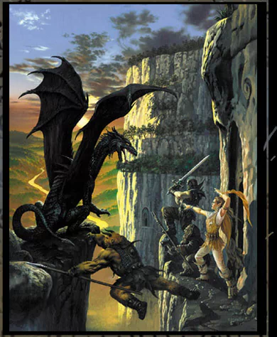 A dark fantasy scene depicts a fierce battle between warriors and a menacing dragon perched on stone cliffs under a moody sky.
