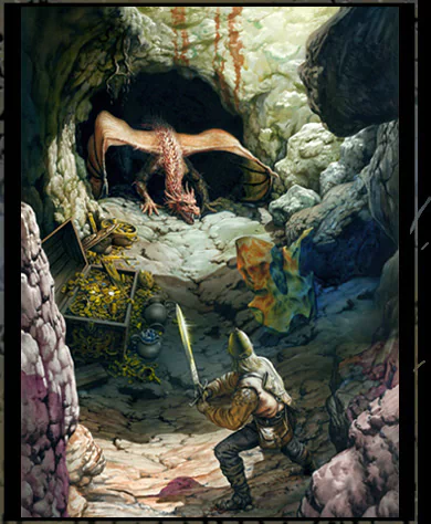 A warrior with a sword faces a fearsome fantasy dragon guarding a cave filled with gold and treasure, evoking the legend of Fafner.