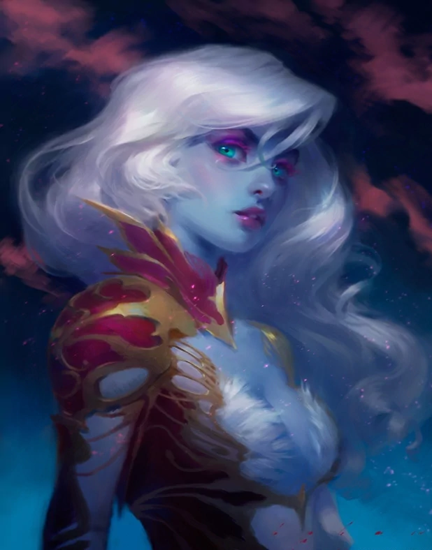 Fantasy woman with pale-blue skin and flowing white hair, glowing violet eyes, wearing ornate red-and-gold armor with fur trim against a starry, stormy sky.