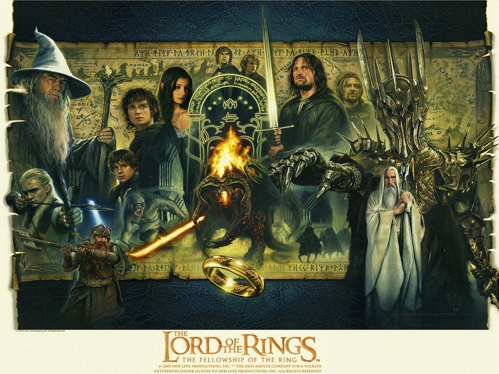 A detailed movie poster for The Lord of the Rings: The Fellowship of the Ring featuring key characters, the One Ring, and a dramatic fantasy backdrop.