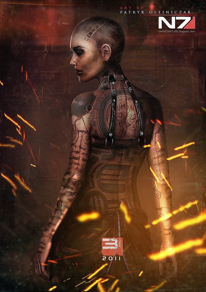 Mass Effect video game fan art: a shaved-head, heavily tattooed woman with an exposed cybernetic spine, N7 logo in the corner, embers and orange sparks swirling around her.