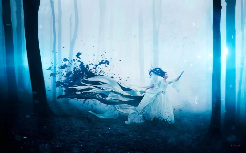 A ghostly figure in flowing white moves through a misty forest, surrounded by an eerie dark spirit presence in a surreal, otherworldly scene.