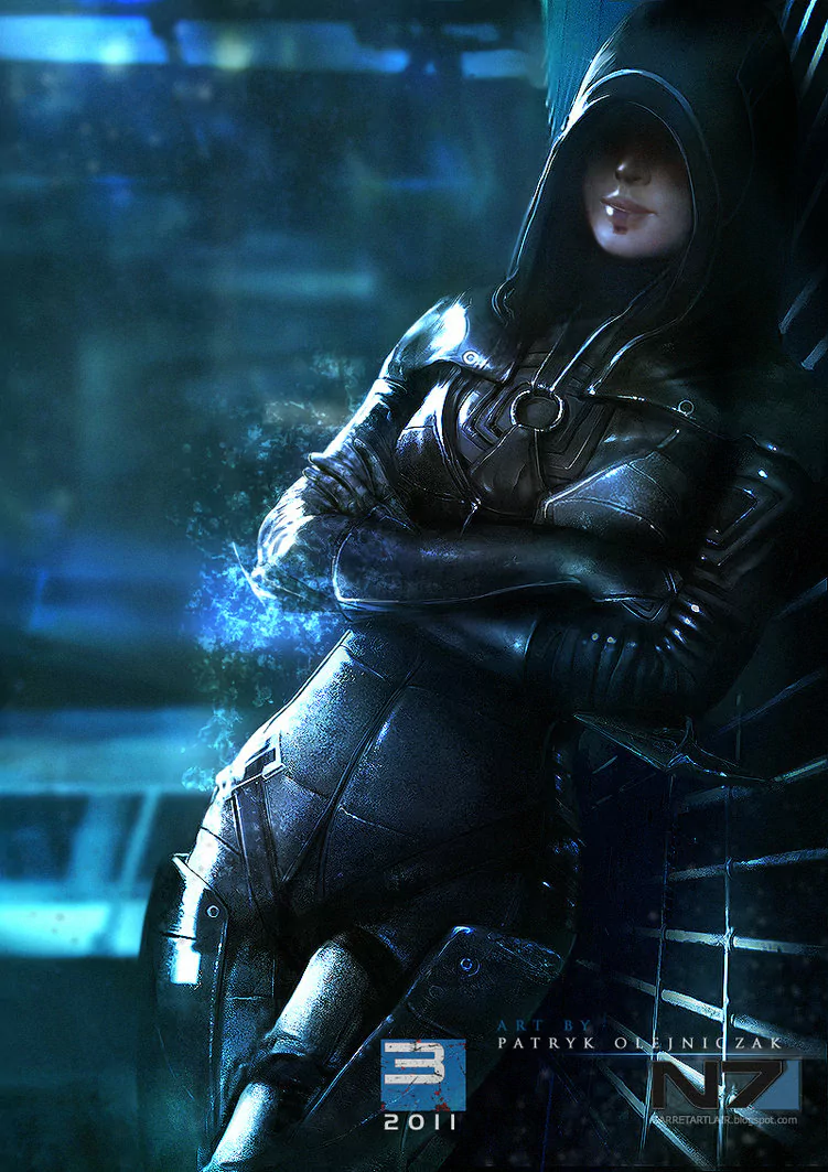 Hooded, armored figure from the Mass Effect video game, arms crossed and leaning against a wall in a dim, blue-lit sci-fi interior.