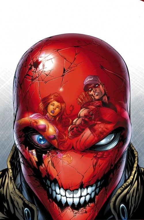 Close-up of Red Hood's cracked red helmet with intense eyes and sinister grin, featuring images of Roy Harper and Starfire from the DC Comics series Red Hood and The Outlaws.