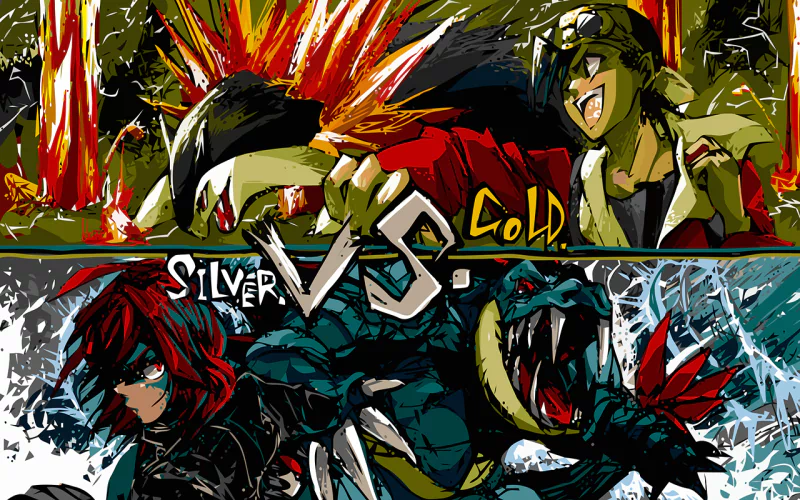 Dynamic illustration showcasing a battle between characters from Pokémon: Gold and Silver, featuring fiery action and iconic Pokémon in a vibrant, comic-style format.
