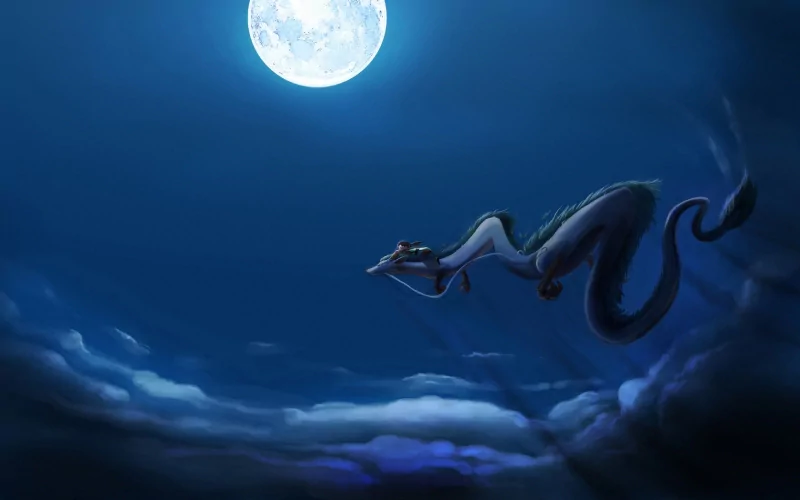 Chihiro from Spirited Away watches a glowing dragon flying against a moonlit night sky in this anime scene.