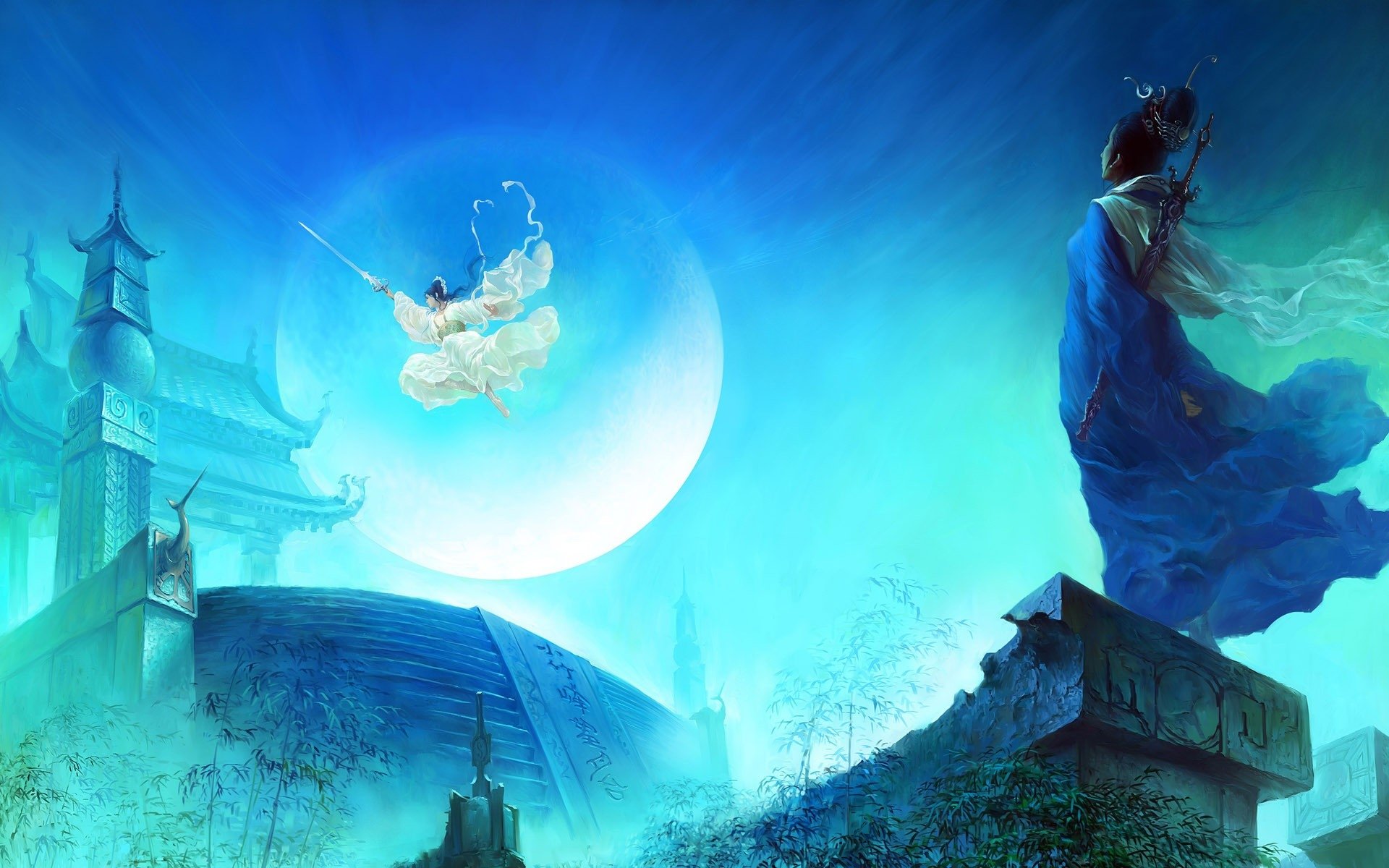 Jade Dynasty woman warrior in a flowing blue dress, sword raised, floating beneath a luminous moon above ancient rooftops.