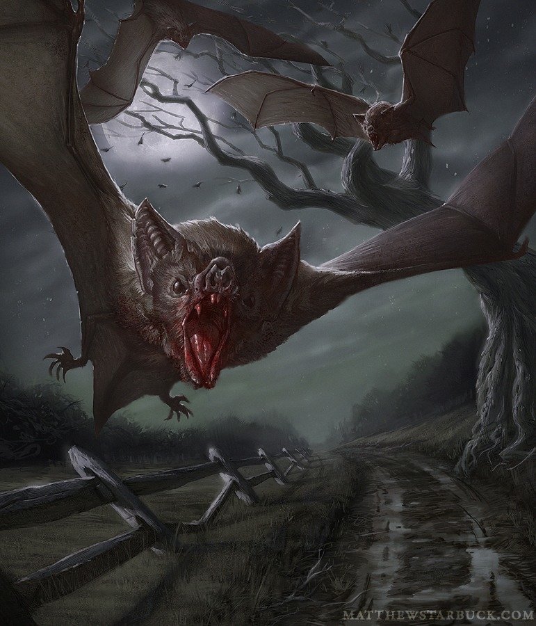 A snarling bat (animal) swoops toward the viewer at night over a foggy country road, mouth open and wings spread against twisted trees.