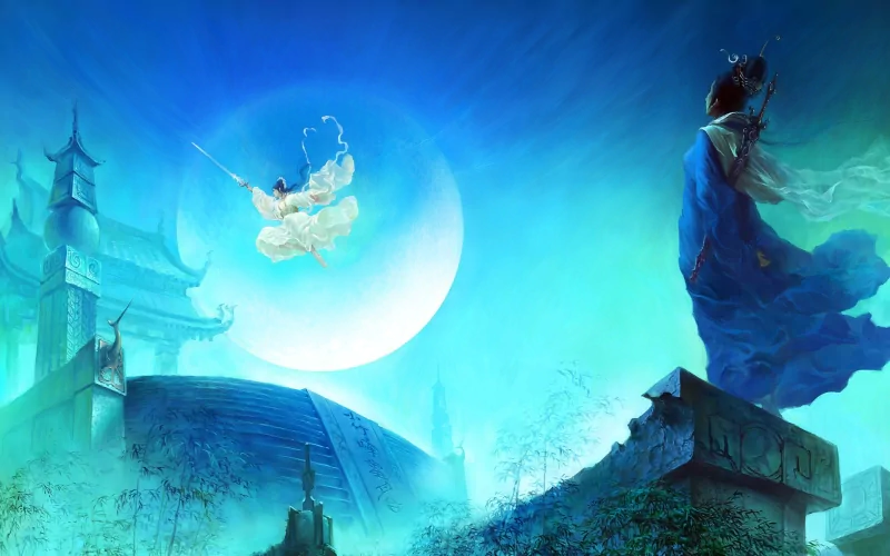 Jade Dynasty woman warrior in a flowing blue dress, sword raised, floating beneath a luminous moon above ancient rooftops.