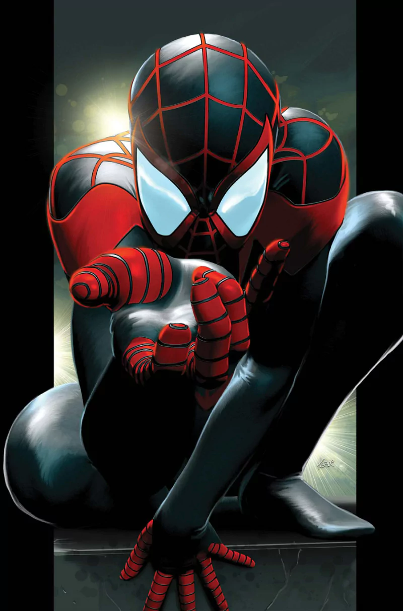 Miles Morales as Spider-Man in a dynamic pose, showcasing his iconic red and black suit from the Ultimate Comics: Spider-Man. The vibrant illustration captures the essence of the character.