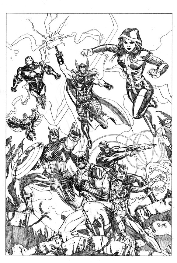 Black and white comic illustration of Marvel's Avengers including Thor, Iron Man, Captain America, Wolverine, Falcon, Scarlet Witch, Havok, and Rogue in dynamic battle poses.