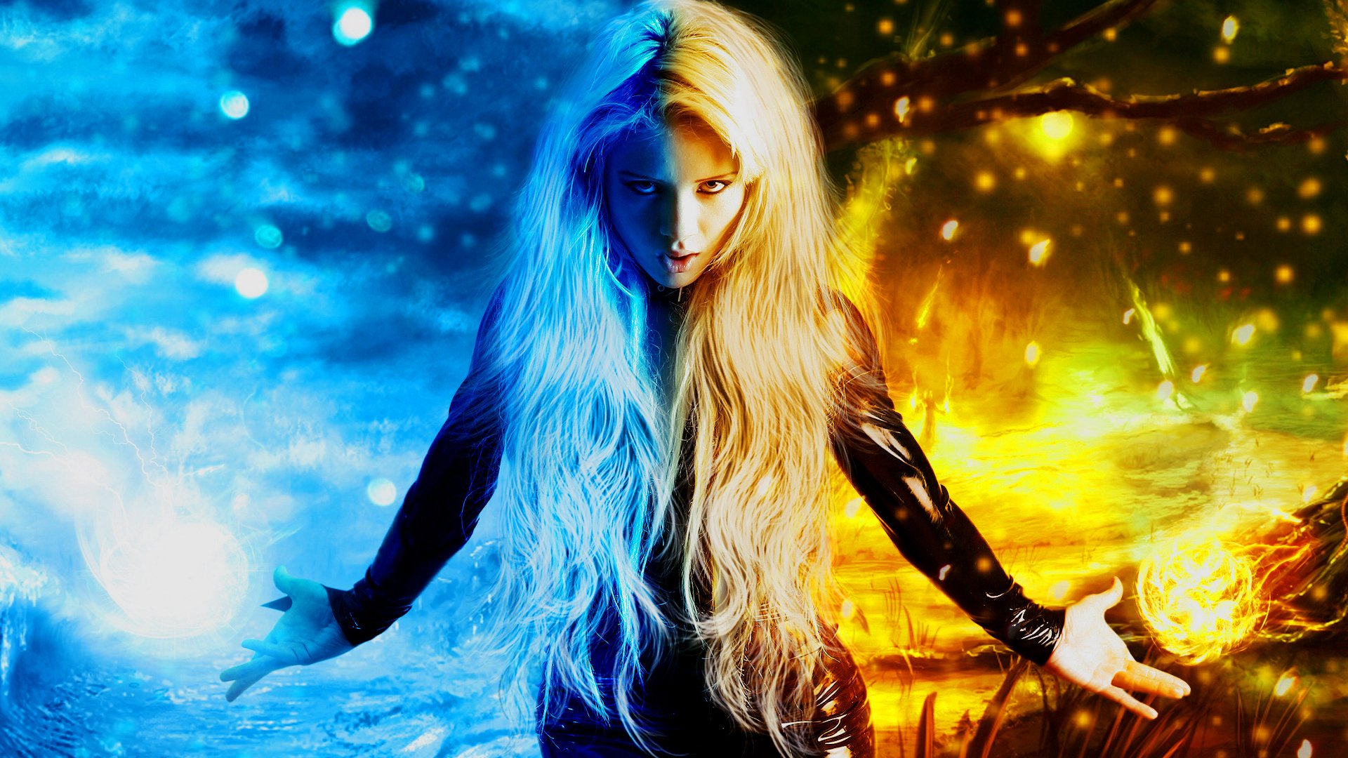 A fantasy scene featuring a woman wielding magic, with icy blue energy on one side and fiery flames on the other, symbolizing elemental power and mysticism.