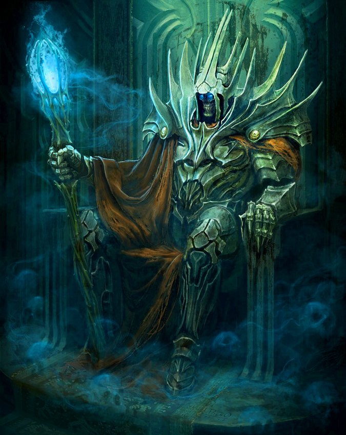 A dark, undead figure sits on a throne, clad in ornate armor with a crown of spikes. They hold a glowing staff, surrounded by wisps of mist and spectral forms.
