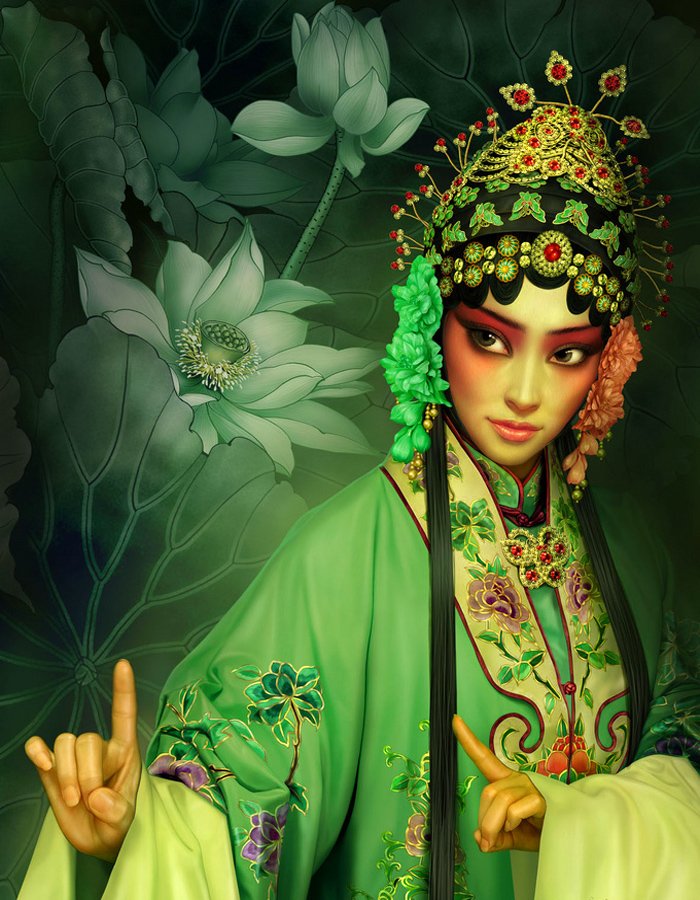 A woman in vibrant green traditional attire stands against a lush background, adorned with flowers, embodying a mystical fantasy atmosphere.