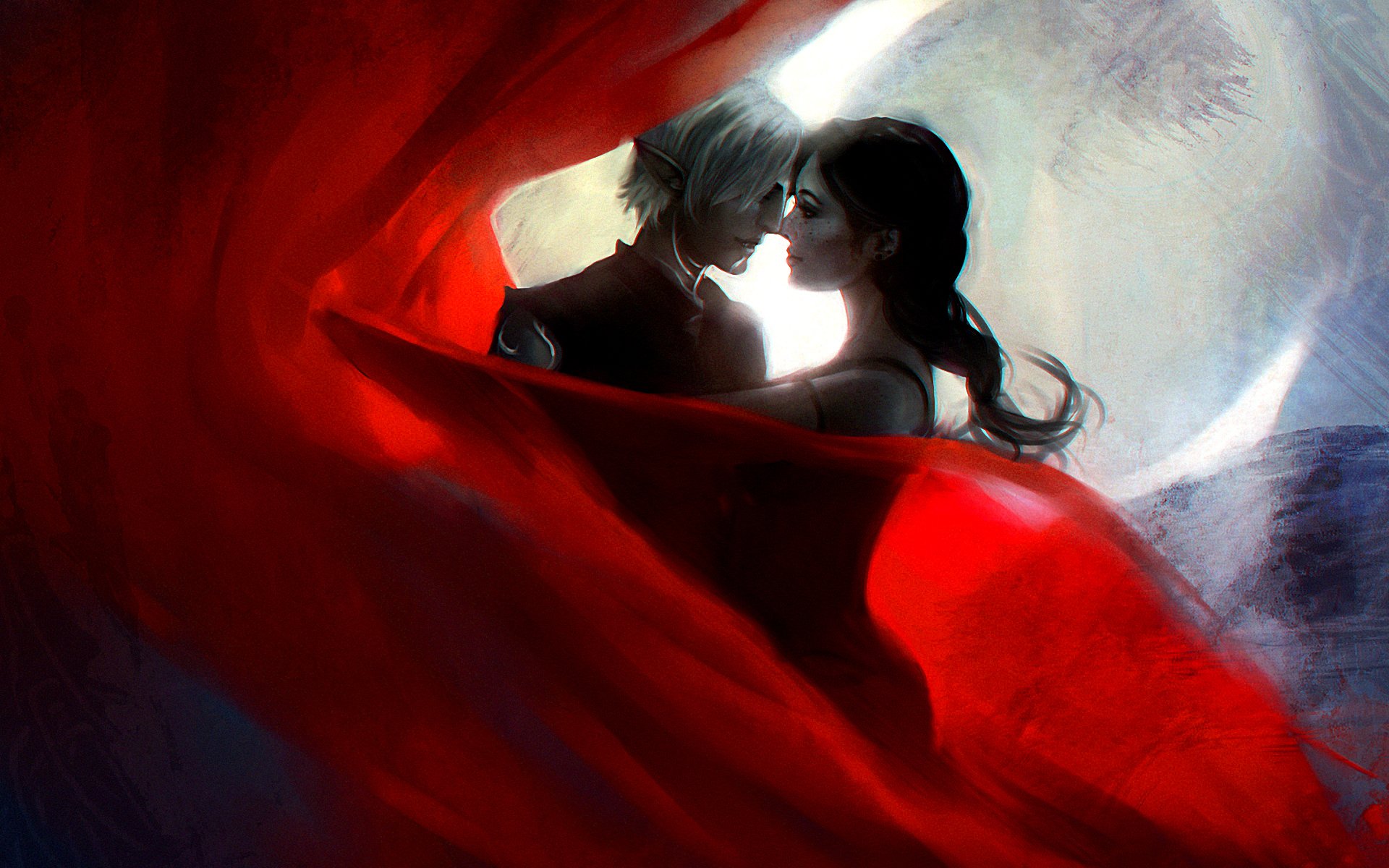 A romantic anime couple shares a tender moment, framed by flowing red fabric, creating a striking contrast with a softly illuminated background.