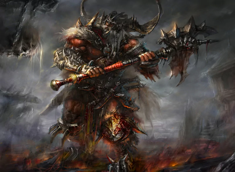A formidable giant stands amidst a chaotic landscape, wielding a massive mace, adorned in intricate armor and fierce decorations, embodying the essence of fantasy and power.