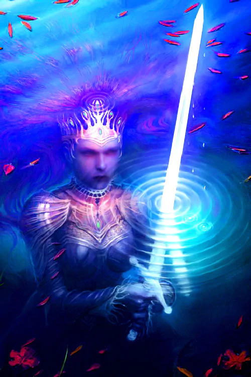 A powerful woman in a fantastical setting wields a glowing sword, surrounded by swirling water and floating petals, exuding strength and mystique.