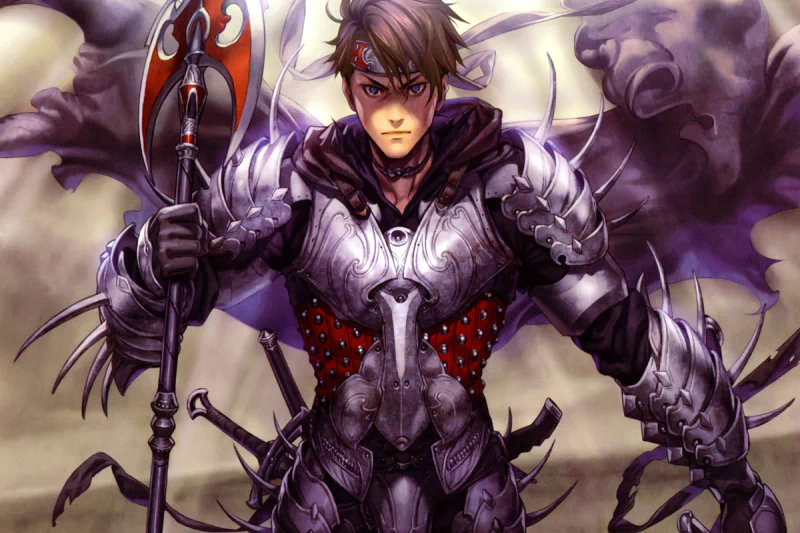 A fierce anime warrior stands confidently in ornate armor, wielding a spear, with a striking expression and a dramatic, shadowy background.