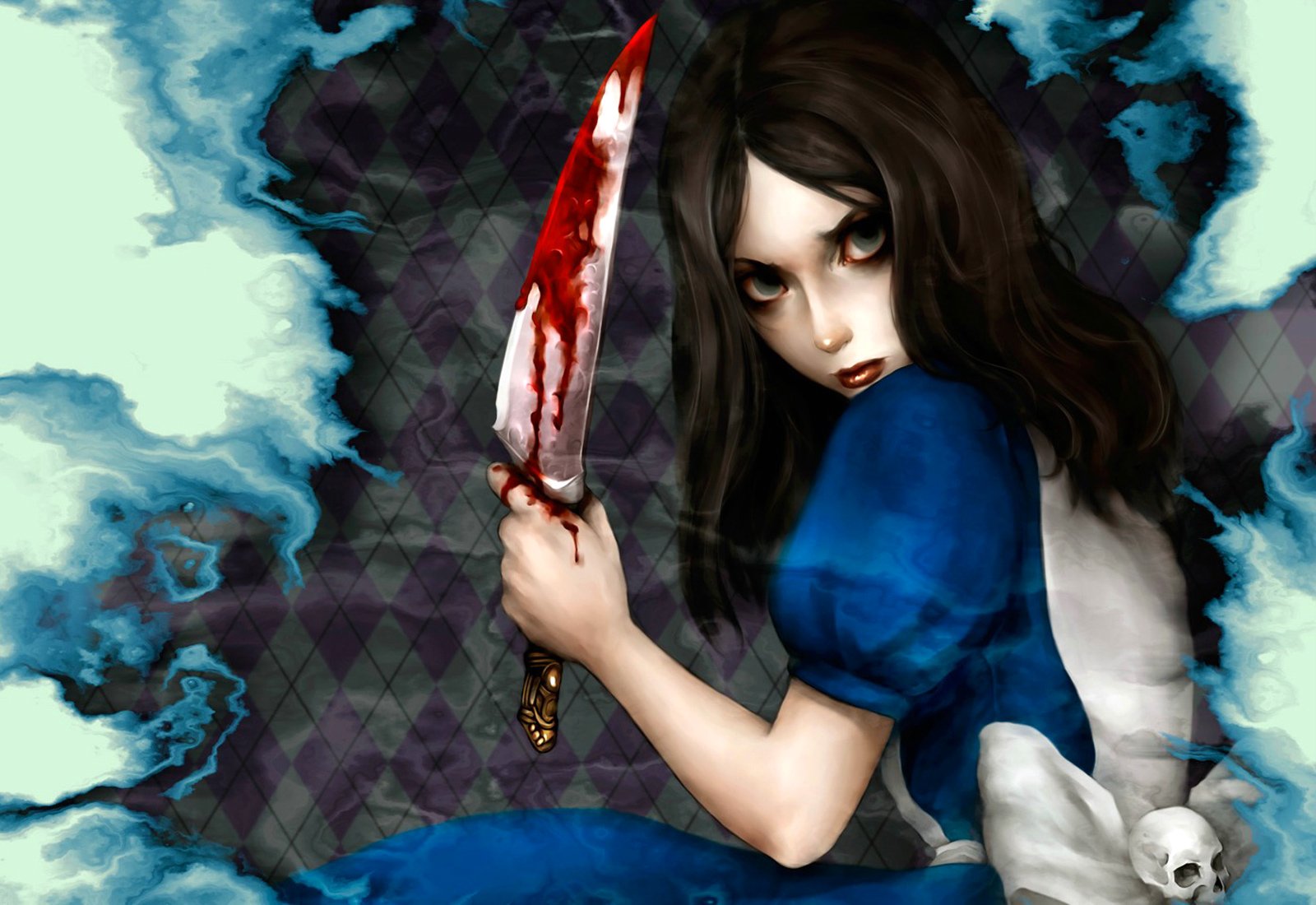 A striking image from the video game Alice: Madness Returns, featuring a darkly reimagined Alice holding a blood-stained knife, conveying a sense of intensity and fantasy horror.