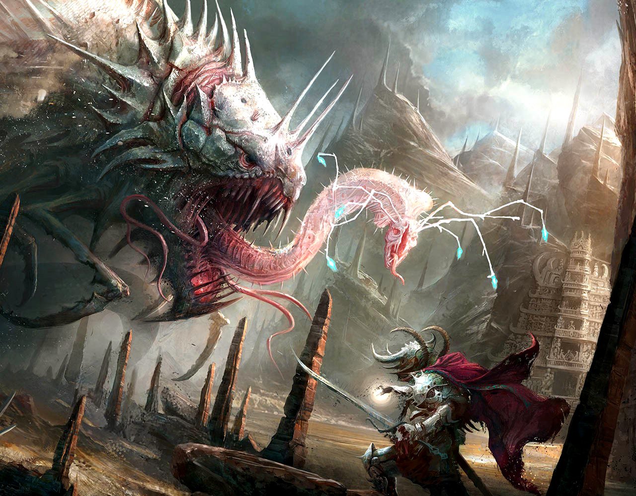 A dark fantasy scene depicts a warrior confronting a menacing dragon-like creature, surrounded by jagged rocks and an ominous landscape, evoking tension and adventure.