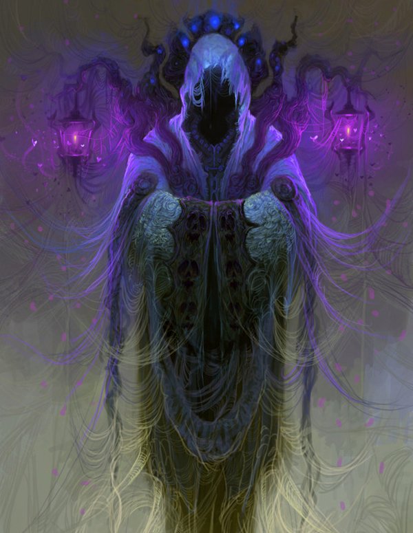 A dark, undead figure shrouded in shadow and flowing tendrils, holding glowing purple lanterns, emanating an eerie and mystical presence.