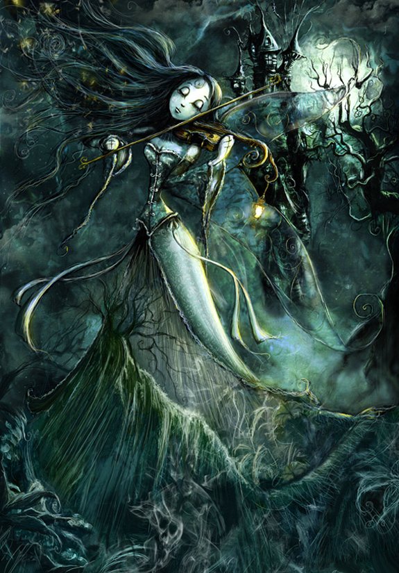 A whimsical fairy with long flowing hair plays a violin amidst a dark, enchanted forest, illuminated by a glowing lantern and a mysterious castle in the background.