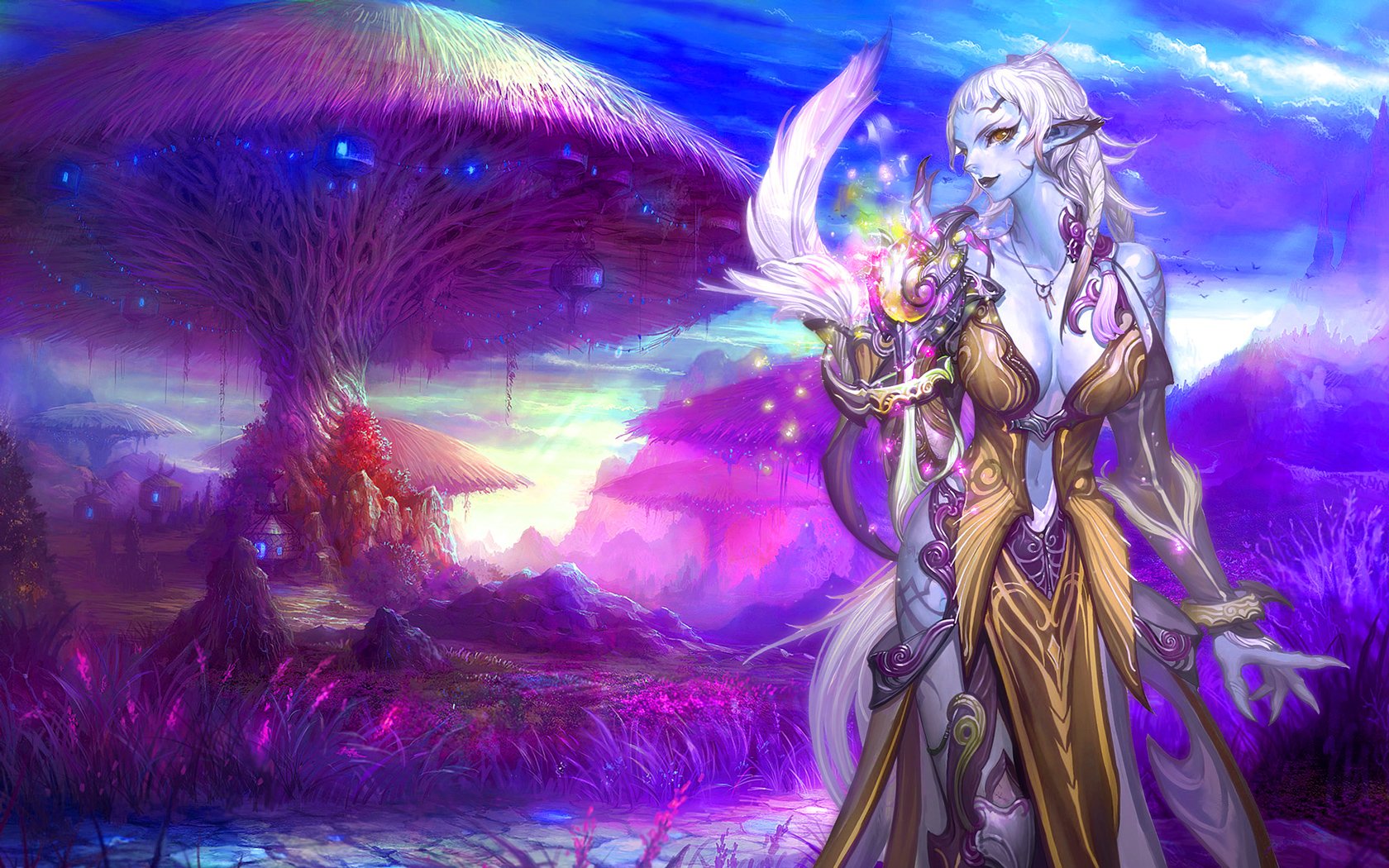 A fantasy elf with white hair and ornate armor stands in a vibrant, otherworldly landscape filled with glowing mushrooms and surreal colors.